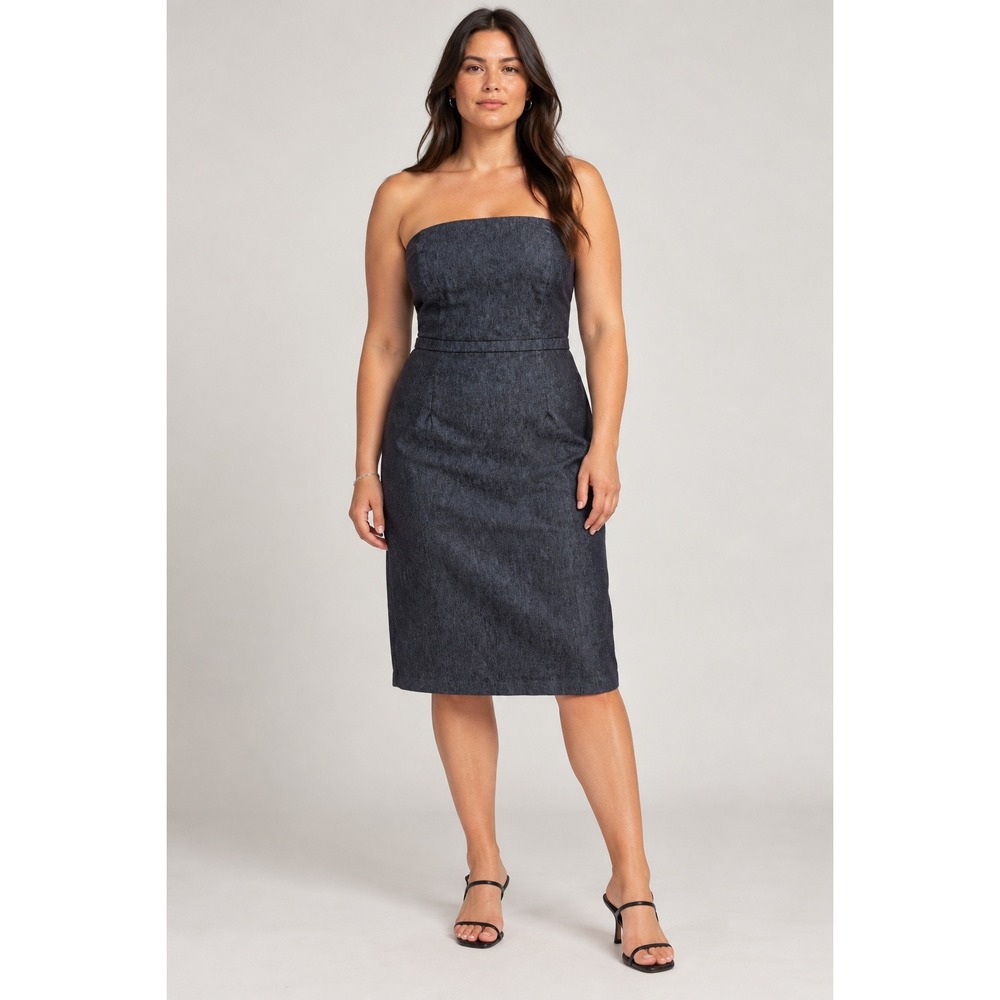 Y2K Dark Blue Denim Strapless Sheath Midi Dress 12 Minimalist Classic 2010s Chic